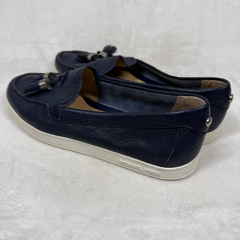 Michael Kors Navy Pebbled Leather Tassel Loafer Sneakers Silver Hardware Blue 7 - Picture 10 of 14